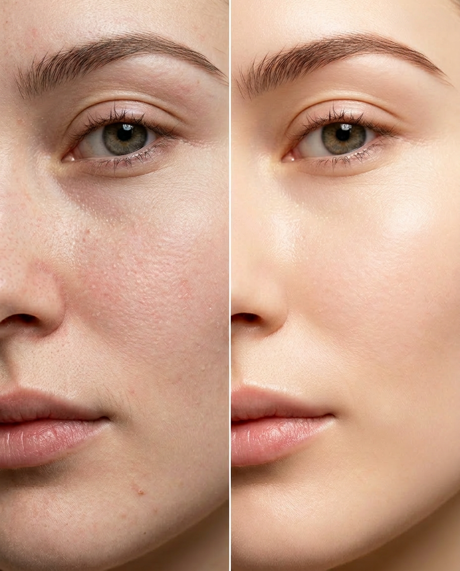 Close-up comparison of skin texture before and after treatment